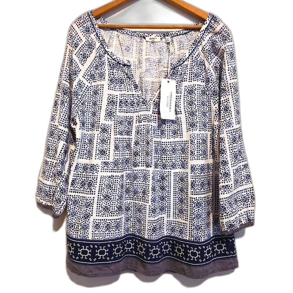 NWT Dylan Mosaic Blouse Embroidered Border Indigo Peasant Cotton Size Small $120